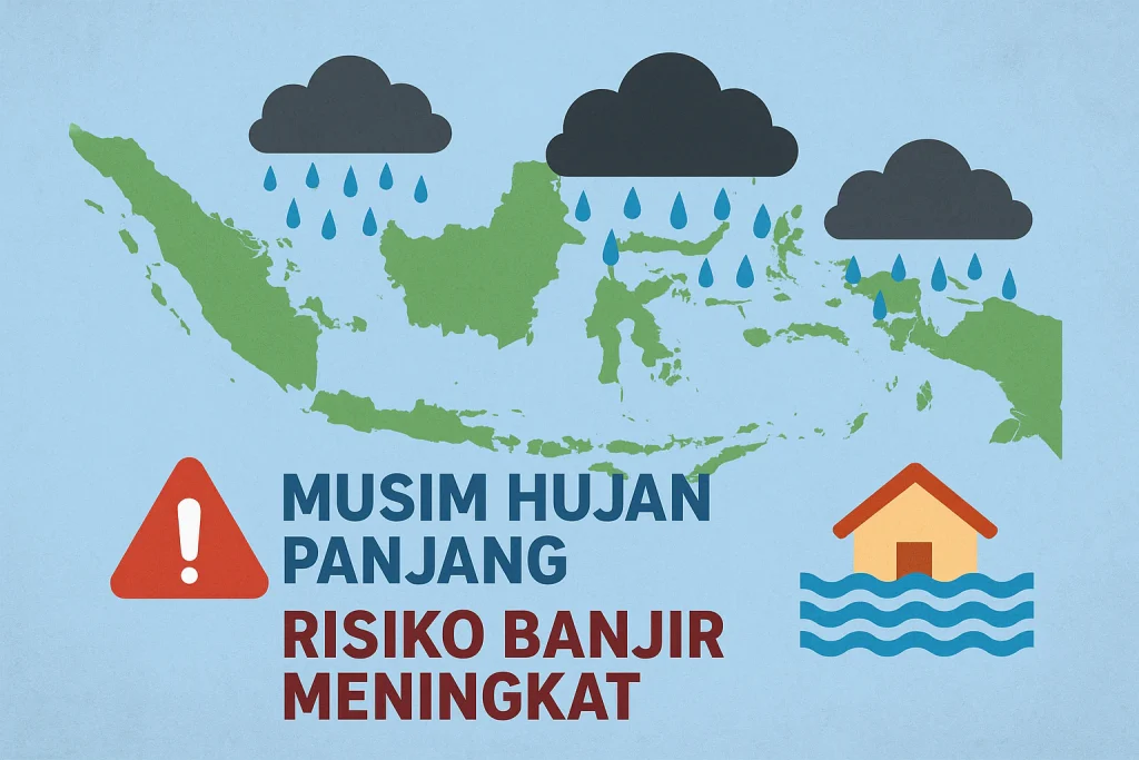 Infografis peta Indonesia menunjukkan musim hujan panjang 2025–2026 dengan peringatan BMKG risiko banjir meningkat